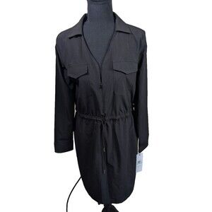 Calvin Klein Shirt Dress Black Drawstring Waist Zipper Collared Casual Size 8